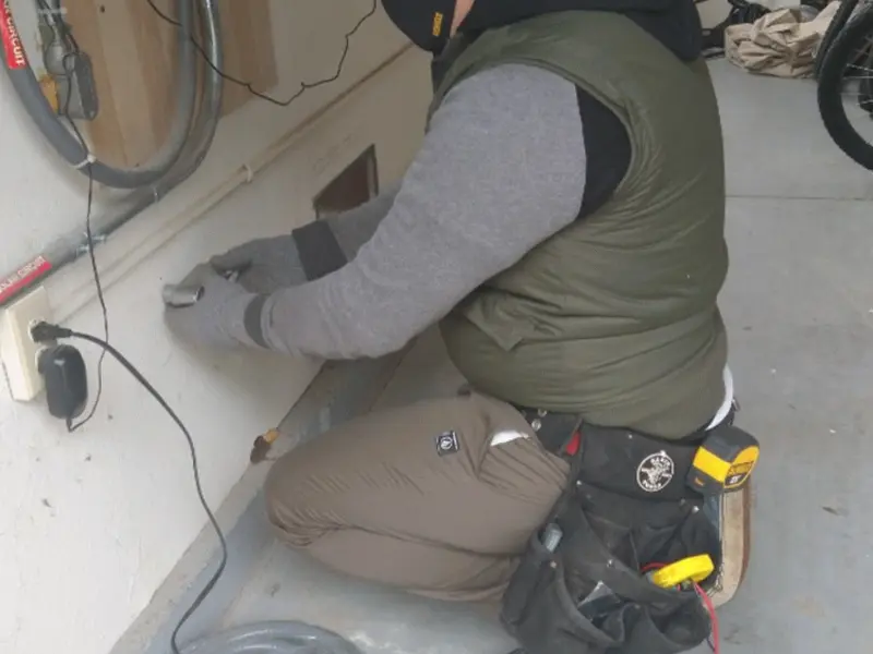 Electrician performing outlet wiring in a White Deer garage